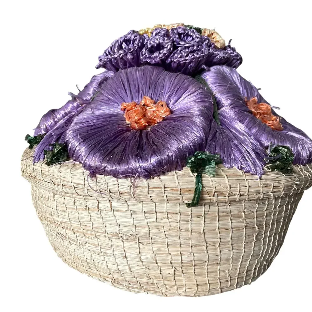 Vintage Straw Basket Raffia Flowers Covered Dome Lid Large Sewing Boho Grandma